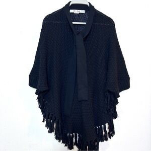 Women’s For Joseph O/S Black Knit Tie Neck Poncho Cape with Pockets & Fringe